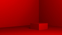 Red Pedestal On A Red Background With Place For Text, Cube Wall And Floor 3d Illustration