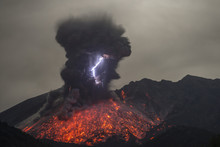 Japan, View Of Lightning And Lava Erupting From Sakurajima Volcano