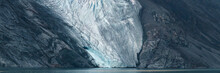 Panorama Image Of Glacier Fingers Coming Down To Seashore, Nunavut And Northwest Territories, Canada, North America