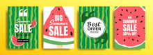 Set Of Empty Templates With Summer Themes On A Watermelon Background. Design Of Advertising Banners. Vector Illustrations For Websites And Mobile Websites, Email Design, Posters, Promotional Materials