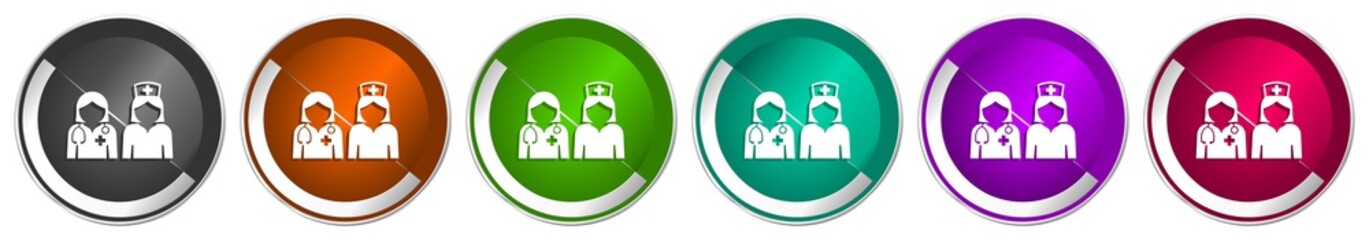 Leinwandbilder - Doctor icon set, silver metallic chrome border vector web buttons in 6 colors options for webdesign