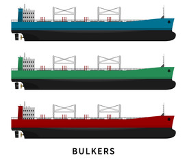 Black red green blue bulker ship isolated on white background. Flat vector illustration set of nautical vessel isolated floating in the ocean.Dry cargo with goods, import export transport industry.