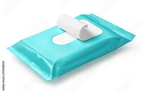 Fotografía Cyan wet wipes flow pack, isolated on white background