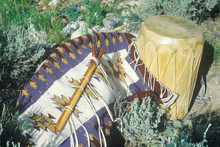 Outdoor Display Of Hopi Flute, Drum And Rug In Taos, NM
