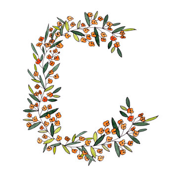 letter Cof the english and latin floral alphabet. graphic on a white background. letter of sprigs blooming with orange flowers.
