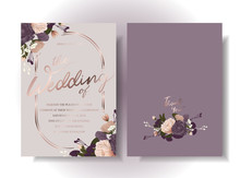 Front And Back Set Of Wedding Cards In Lavender-purple Tones. Decorate The Text Box With Rose Gold Ellipse And Flowers In Deep Purple And Light Purple Tones. Illustration/Vector
