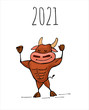 Ox, bull symbol of the 2021 new year, ox, bull sports and fitness fun cartoon vector illustration for a postcard or calendar.