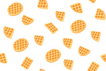 Yellow Belgian Waffles Seamless Pattern For Print Design. Cartoon Sweet Vector Illustration. Golden Waffle Slices On White Background. Decorative Modern Cookie Cover. Snack Geometric Shapes