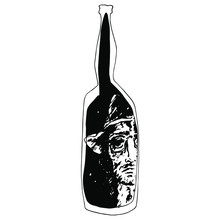 Portrait Of A Man In Hat Inside Wine Bottle. Black And White Silhouette. Hand Drawn Rough Sketch. 