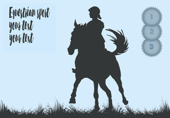 Wall Mural - Horse rider silhouette, premium rosettes, equestrian sport, isolated black silhouette on a blue background, space for your text, banner, postcard