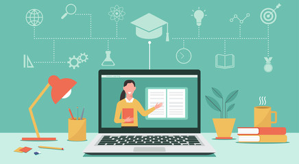 Online education or distance learning concept, teacher on laptop computer monitor, E-learning platform, new normal, vector flat illustration