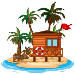 Wall Mural - Scene with wooden hut on the island on white background