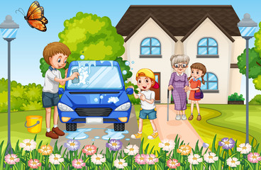 Poster - Family cleaning car in front of the house