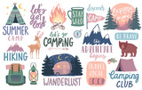 Fototapeta  - Camping, Hiking, Adventure letterings. Wild animals, fireplace, mountains, tents and other elements.