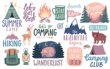 Camping, Hiking, Adventure Letterings. Wild Animals, Fireplace, Mountains, Tents And Other Elements.