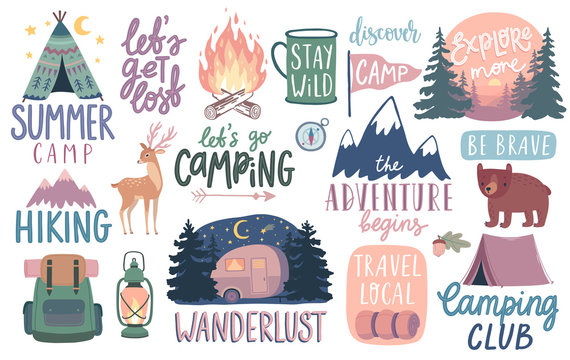 Fototapete - Camping, Hiking, Adventure letterings. Wild animals, fireplace, mountains, tents and other elements.