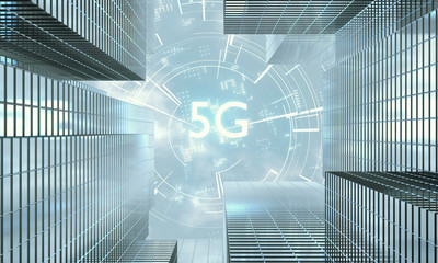 Wall Mural - 3D Rendering of 5G text with virtual curve lines connection and light reflect on buildings glass windows. Concept for Fast data transfer and transmission bandwidth rate. For telecom, mobile operator