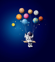 Wall Mural - astronaut floating in the stratosphere . paper art and craft style.