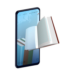 Online reading concept, smartphone with books inside. The book flies out of the phone screen. Distance learning and education. Isolated vector on white background