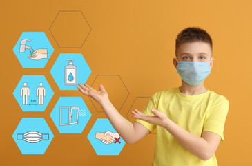 Sticker - Little boy in protective medical mask and with tips for social distancing on color background