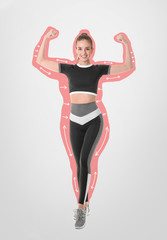 Sticker - Happy sporty woman after weight loss on light background