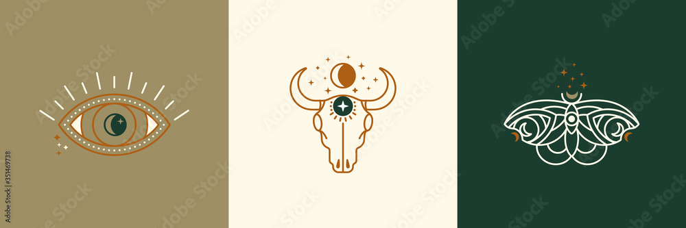 A set of mystical and esoteric logos in a trendy minimal linear style. Vector emblems butterfly, cow skull, eye, moon - obrazy, fototapety, plakaty 