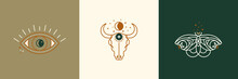 A Set Of Mystical And Esoteric Logos In A Trendy Minimal Linear Style. Vector Emblems Butterfly, Cow Skull, Eye, Moon
