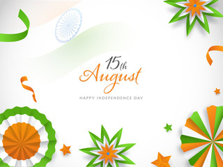 Wall Mural - 15th August Font with Indian Tricolor Paper Badge, Flowers and Stars Decorated on White Background for Happy Independence Day.