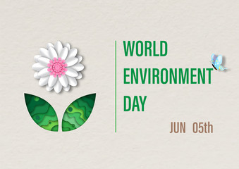 Fototapete - White flower with the day and name of event on recycle paper color tone and pattern background. World Environment Day's concept and poster campaign in 3d paper cut style and vector design.
