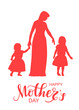Women silhouette with little children and lettering Happy Mother's Day, red corall holiday background. Happy Mother's day greeting card. Vector illustration mother and daughters.