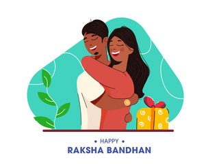 Poster - Illustration of Young Girl Hugging Her Brother with Gift Box on Abstract Background for Happy Raksha Bandhan Celebration.