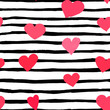 Brush drawn pink hearts and horizontal black strips. Vector seamless pattern of hand painted watercolor illustration. Background for Valentine's day card, paper, wedding invitation romantic post cards