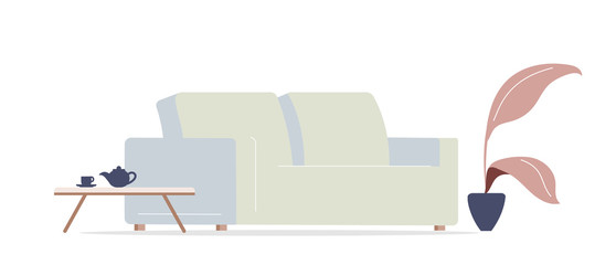 Poster - Living room interior cartoon vector illustration. Cozy city cafe furniture. Office lounge zone. Comfortable sofa and teapot flat color objects. Houseplant and coffee table isolated on white background