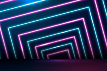 Poster - Glowing blue and pink neon lines patterned background