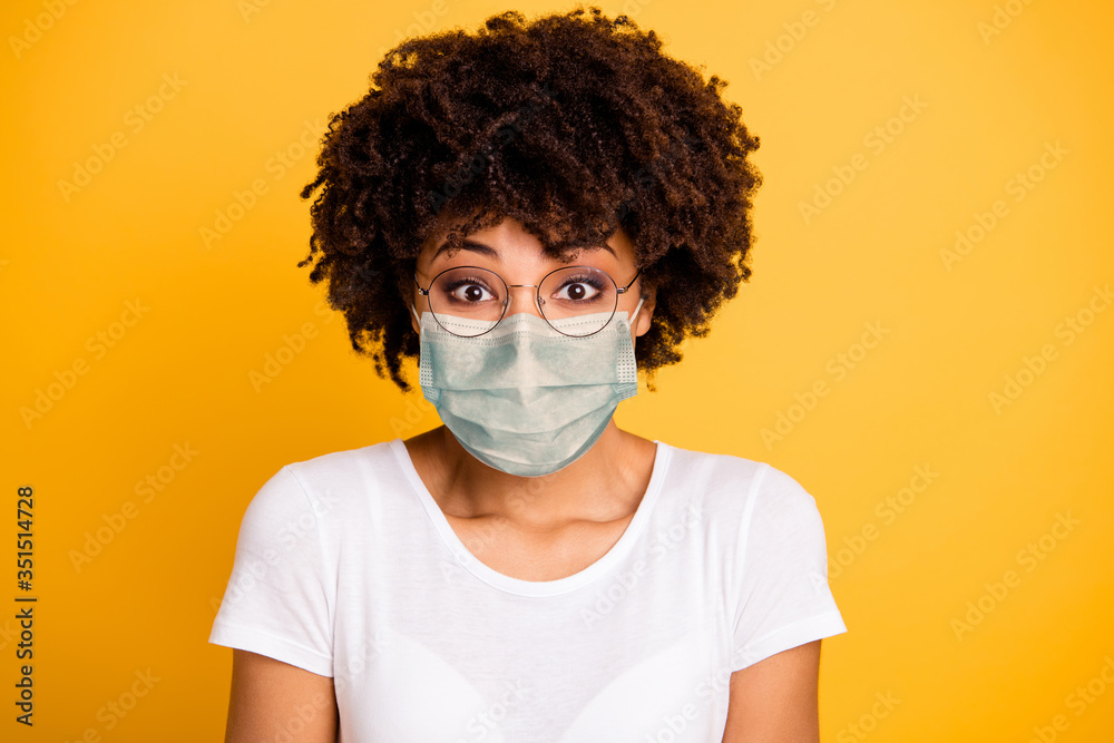 Close-up portrait of her she nice cute lovely pretty attractive wavy-haired lady save covid-19 infection wearing medical mask white t-shirt isolated over bright vivid shine background - obrazy, fototapety, plakaty 
