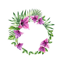 Watercolor Floral Wreath. Round Frame And Place For Text. Purple Bougainvillea Flowers. Tropical Banner Template Isolated On White For Logo, Wedding, Card Print