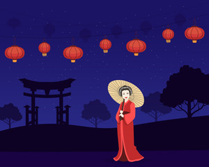 Sticker - Beautiful Japanese Girl in Red Traditional Kimono Dress Standing on Background of Night Landscape Vector Illustration