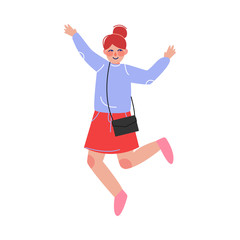 Poster - Teen Girl Happily Jumping, Excited Schoolgirl Having Fun Vector Illustration