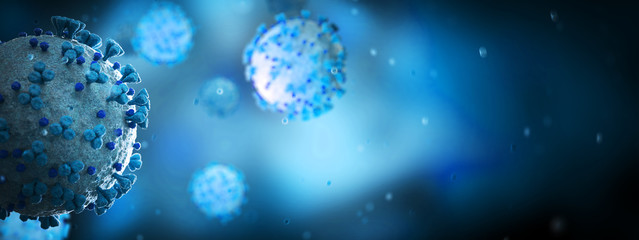 Poster - Microscopic close-up of the covid-19 disease. Coronavirus illness spreading in body cell. 2019-nCoV analysis on microscope level 3D rendering