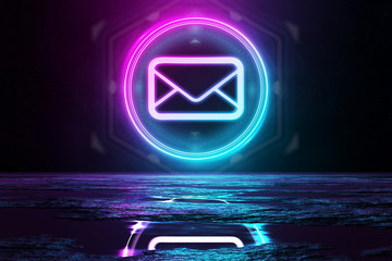 Fototapete - Digital email holographic icon illuminating the floor with blue and pink neon light 3D rendering
