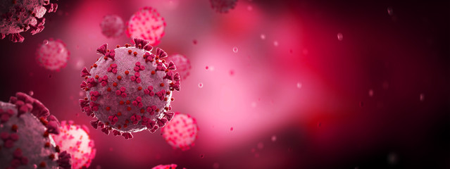 Poster - Microscopic close-up of the covid-19 disease. Coronavirus illness spreading in body cell. 2019-nCoV analysis on microscope level 3D rendering