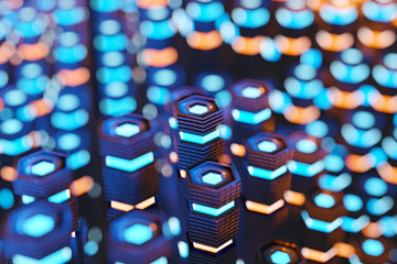 Aufkleber - Metallic black blue and orange glowing hexagons moving pillars background 3D rendering