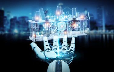 Poster - Robot hand holding and touching holographic tubes samples projection 3D rendering