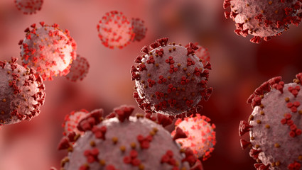Poster - Microscopic close-up of the covid-19 disease. Coronavirus illness spreading in body cell. 2019-nCoV analysis on microscope level 3D rendering