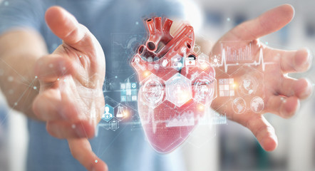 Poster - Man using digital x-ray of human heart holographic scan projection 3D rendering