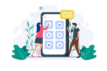 Wall Mural - Couple using mobile device to manage social media content. Social network management concept. People with smartphone and mobile application. Vector