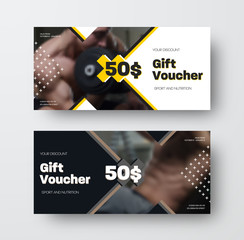 Poster - Presentation of design of a vector gift card on the theme of sports and nutrition, black and white voucher with crosses, discount coupon for products.