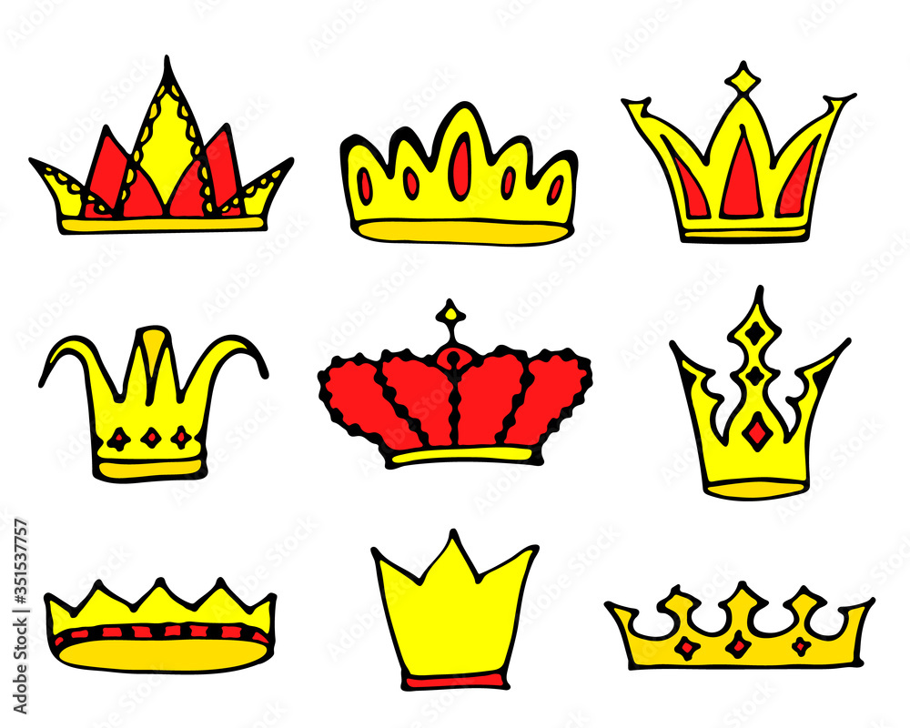 Crowns logo doodle collection. Hand drawn princess or queen crown icons ...