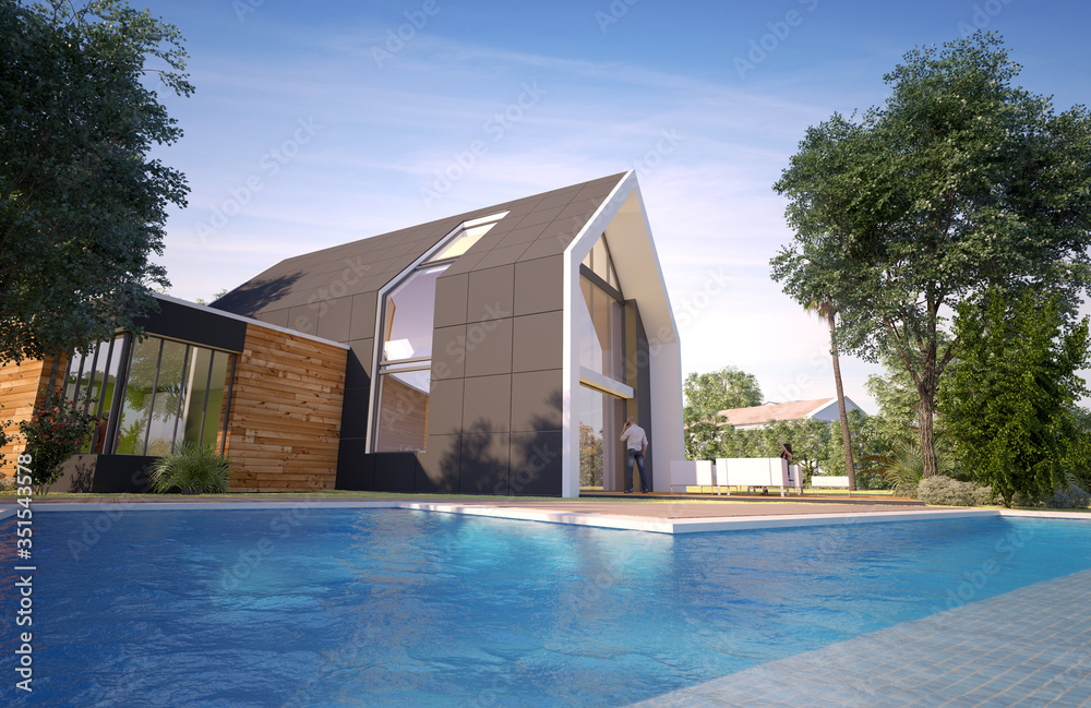 Modern pitched roof villa with pool - obrazy, fototapety, plakaty 