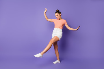 Sticker - Full length body size view of her she nice attractive lovely charming cheerful cheery girl dancing contemporary having fun isolated on bright vivid shine vibrant lilac violet purple color background